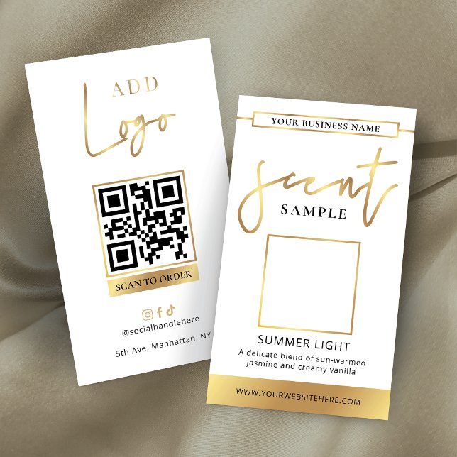 Candle Scent Tester Card Parfüm Gold-Logo (Elegant white and faux gold scent sample card template with scannable QR code and your logo)