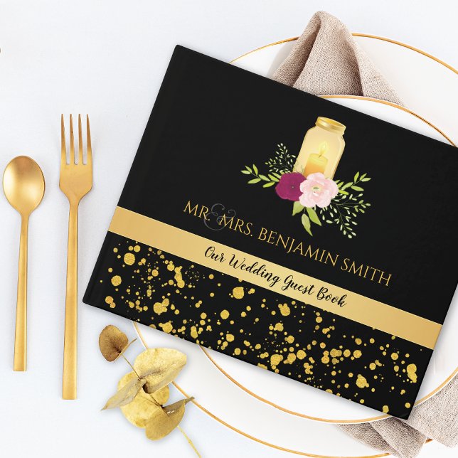 Candlelight Rose Mason Jar Sparkle Wedding Gästebuch (Von Creator hochgeladen)