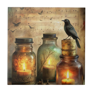 Candlelit Crow mit antiken Flaschen & Noten Fliese