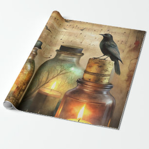 Candlelit Crow mit antiken Flaschen & Noten Geschenkpapier