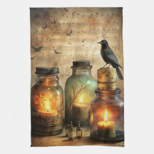 Candlelit Crow mit antiken Flaschen & Noten Geschirrtuch
