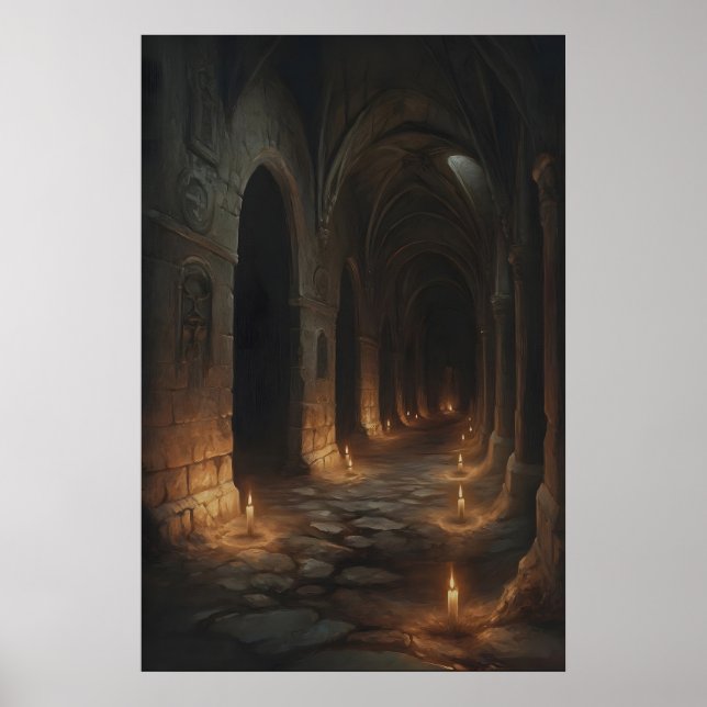 Candlelit Labyrinth Gothic Castle Corridor Art Pri Poster (Vorne)