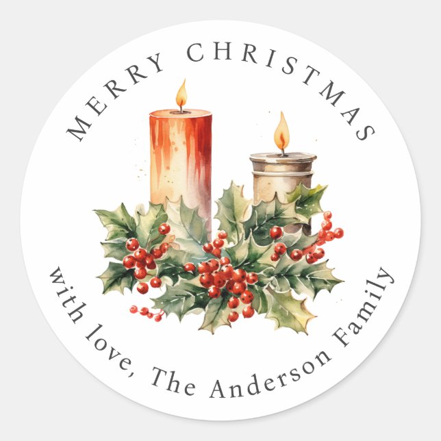 Candles Holly Red Berries Christmas Holiday Runder Aufkleber (Vorderseite)