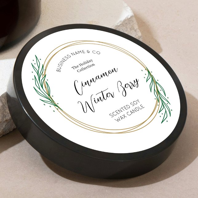 Candre de Noël de la couronne d'hiver Étiquette de (Elegant Christmas round product label with festive gold greenery wreath and script fonts)