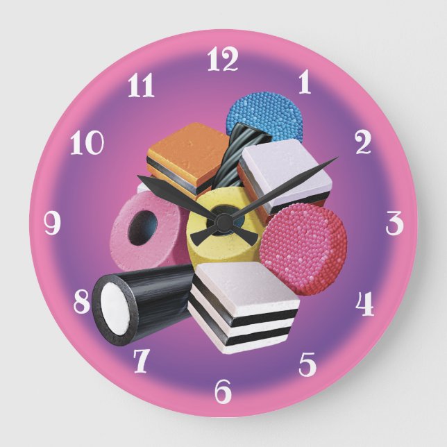 Candy Allsorts. Large wall clock. Pink & purple. Große Wanduhr (Vorderseite)