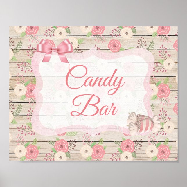 Candy Bar Sign Pink Rustic Wood Floral Poster (Vorne)