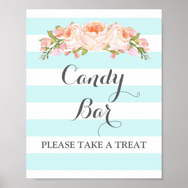 Candy Bar Wedding Sign Blue Blumen Streifen Poster (Vorne)