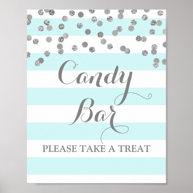 Candy Bar Wedding Sign Blue Stripes Silver Poster (Vorne)