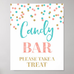 Candy Bar Wedding Sign Gold Aquamarin Coral Confet Poster