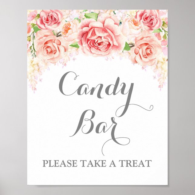 Candy Bar Wedding Sign Pink Aquarell Floral Poster (Vorne)