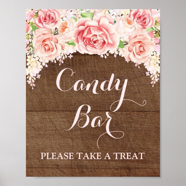 Candy Bar Wedding Sign Pink Wasserfarbe Holz Poster (Vorne)