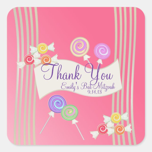 Candy Bat Mitzvah Gevor Danke Watermelon Pink Quadratischer Aufkleber (Vorderseite)