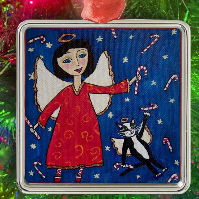 Candy Cane Angel Cat Christmas Folklore Art Ornament Aus Metall (Angel red dress floating in sky with angel cat and candy canes on Christmas hanging ornament.)