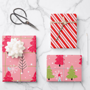Candy Cane Christmas Pink Tree Doodle Geschenkpapier Set