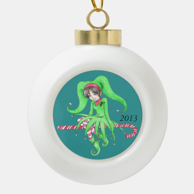 Candy Cane Elf Keramik Kugel-Ornament (Vorderseite)