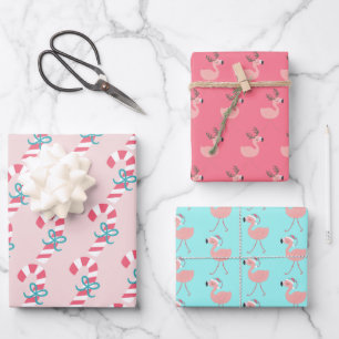 Candy Cane & Flamingos - Niedliches tropisches Wei Geschenkpapier Set
