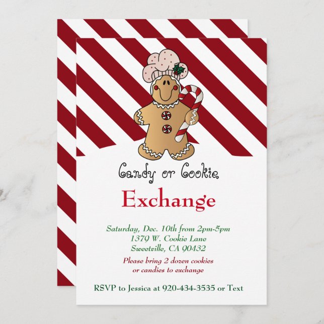 Candy Cane Gingerbrot Cookie & Candy Exchange Einladung (Vorne/Hinten)