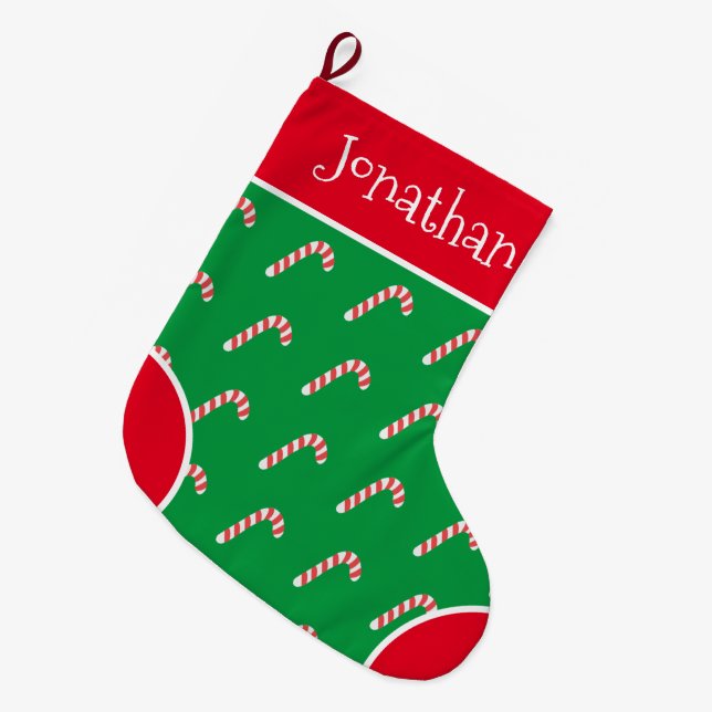 Candy Cane Green Red Typografy Name Großer Weihnachtsstrumpf (Vorderansicht (hängend))