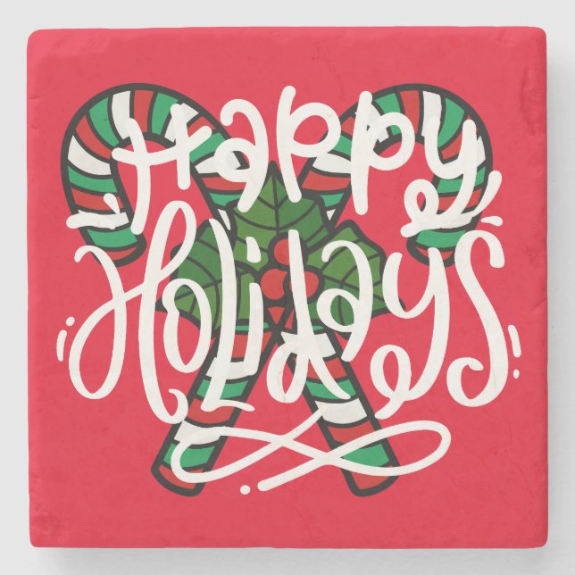 Candy Cane Happy Holidays Steinuntersetzer (Vorderseite)