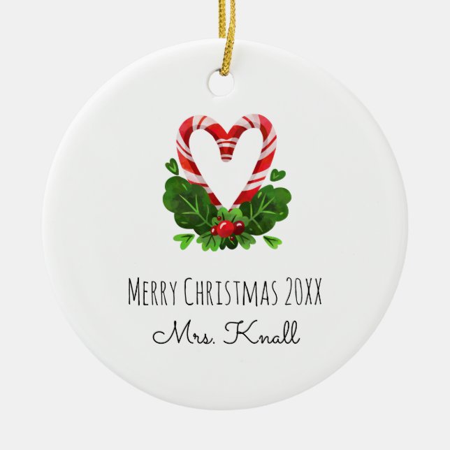 Candy Cane Herz Merry Weihnachtsjahr LEHRER Name Keramik Ornament (Vorne)