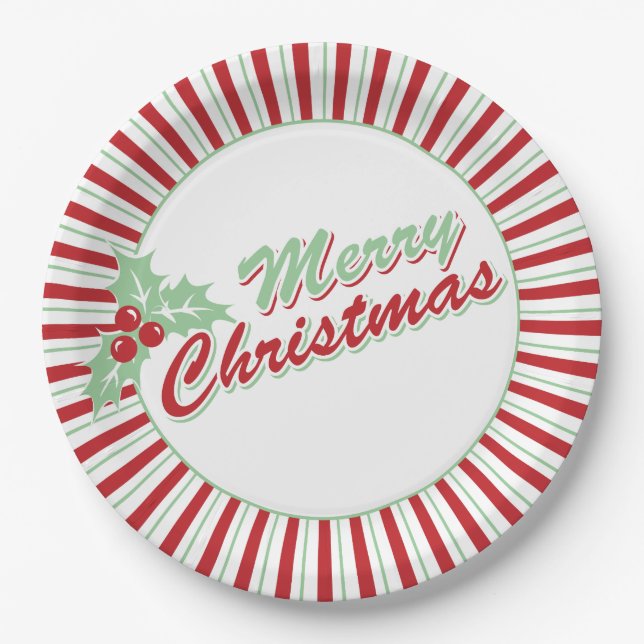 Candy Cane Holly | Retro-Weihnachtspapier-Teller Pappteller (Vorderseite)