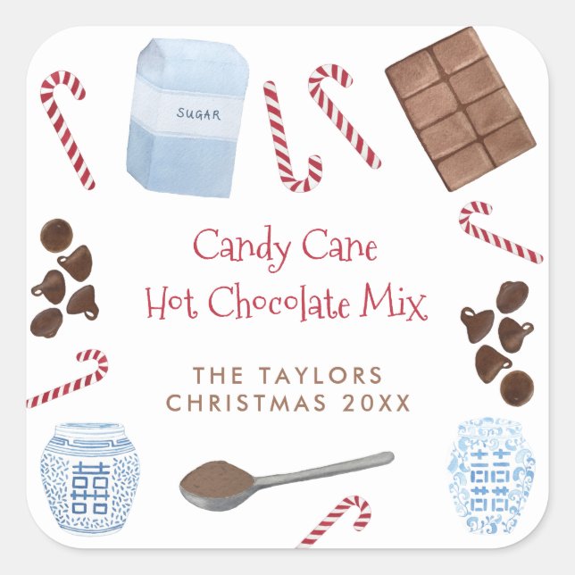 Candy Cane Hot Chocolate Mix Holiday Geschenk Quadratischer Aufkleber (Vorderseite)