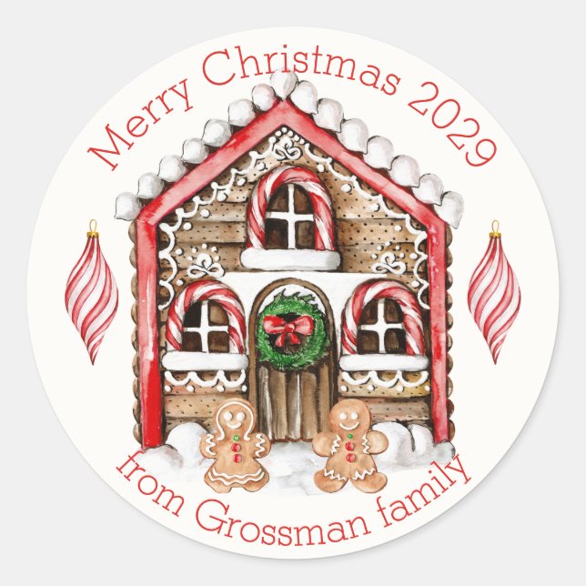 Candy Cane House, Lebkuchen Mann, Frau Weihnachten Runder Aufkleber (Vorderseite)
