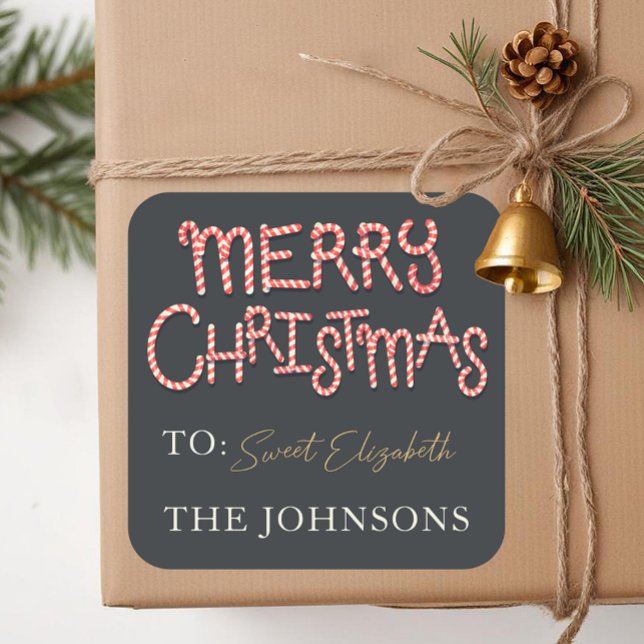 Candy Cane Merry Weihnachtsgeschenk Sticker Tag (Square Christmas Gift Tag)