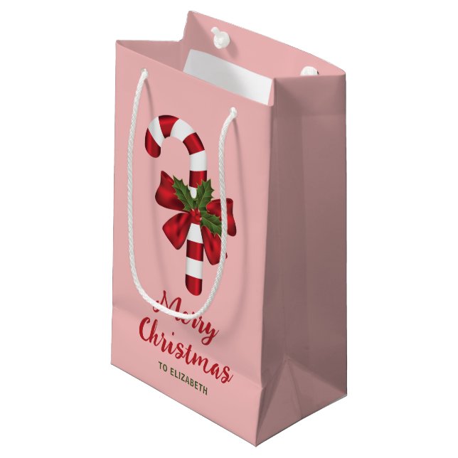 Candy Cane mit einer Bohne und Weihnachtsfeier auf Kleine Geschenktüte (Vorderseite Schrägansicht)