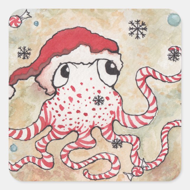 Candy Cane Octopus Quadratischer Aufkleber (Vorderseite)