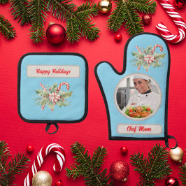 Candy Cane Personalisiert Koch Mama Foto Weihnacht Ofenhandschuh & Topflappen-Set