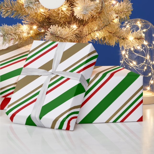 Candy Cane Red, Green, Gold und White Strips Geschenkpapier (Feiertage)