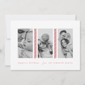 Candy Cane Red Three Foto Holiday Card Ankündigung