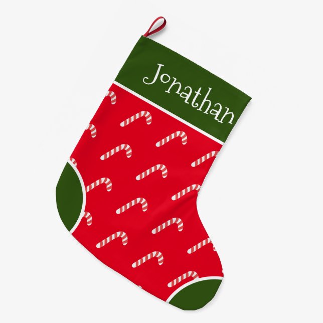 Candy Cane Red & White Typografy Name Large Großer Weihnachtsstrumpf (Vorderansicht (hängend))