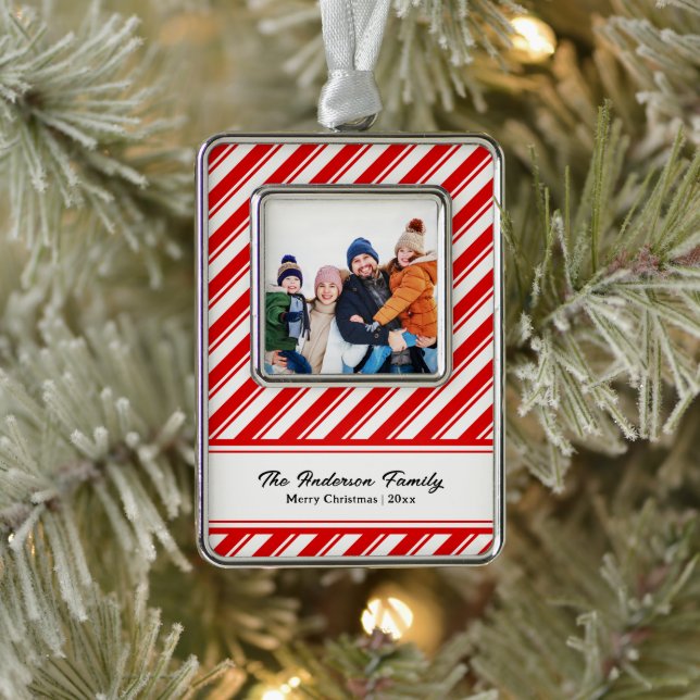 Candy Cane Stripe Custom Family Foto Rahmen-Ornament Silber (Baum)
