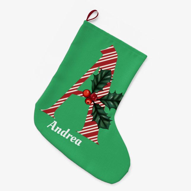 Candy Cane Stripe Letter A Großer Weihnachtsstrumpf (Vorderansicht (hängend))