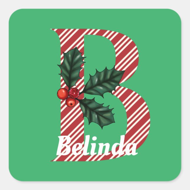 Candy Cane Stripe Letter B Große Weihnachten Quadratischer Aufkleber (Vorderseite)
