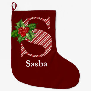 Candy Cane Stripe und Holly S Monogram Großer Weihnachtsstrumpf