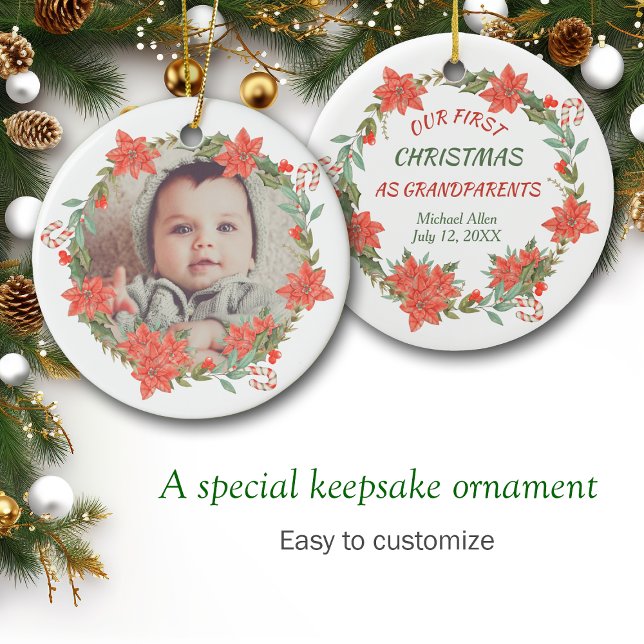 Candy Cane und Poinsettia Wreath Foto Keramik Ornament (Von Creator hochgeladen)