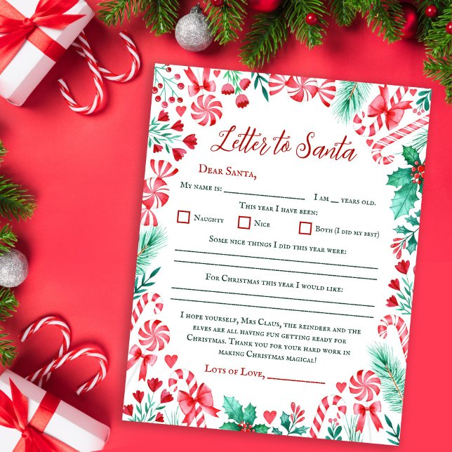 Candy Cane Watercolor Kinder Brief an Santa Maria (Watercolor Kids Letter to Santa Paper Sheet)