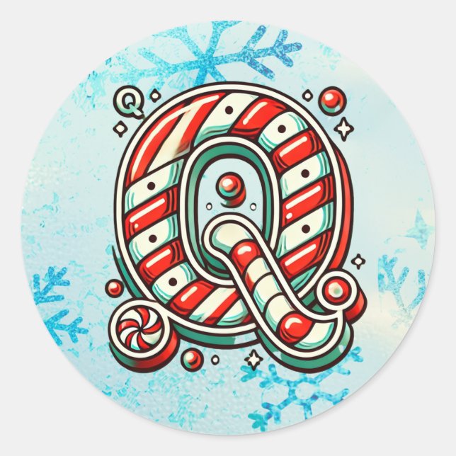 Candy Cane Weihnachtsaufkleber "Q", festliche Stre Runder Aufkleber (Vorderseite)