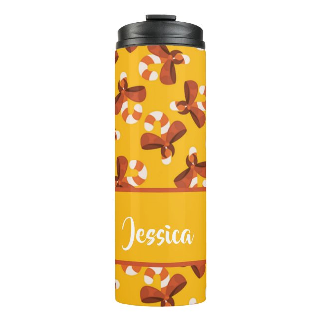 Candy cane wrapped with red bow pattern thermosbecher (Vorderseite)