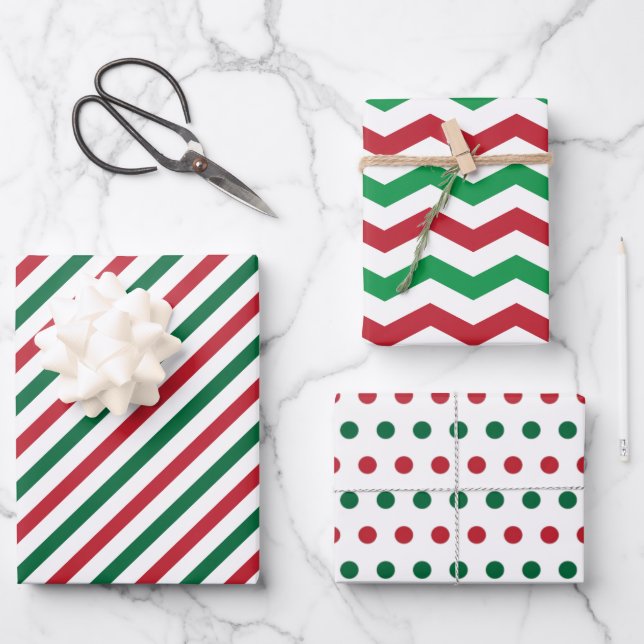 Candy Cane Zickzack Stripes & Polka Dots Muster Geschenkpapier Set (Vorderseite)
