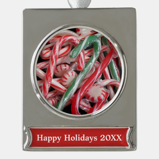 Candy Canes and Peppermints Christmas Holiday Banner-Ornament Silber (Vorderseite)