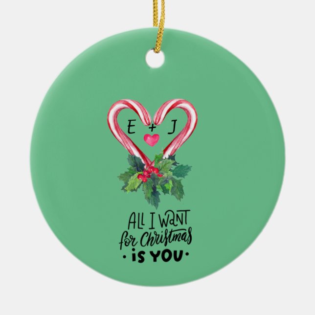 Candy Canes,Holly Berry,Love,Monogram Keramik Ornament (Vorne)