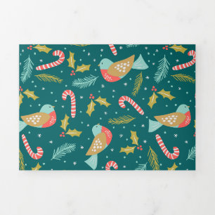 Candy Canes Holly Pine Boughds Birds Dreifach Gefaltete Urlaubskarte