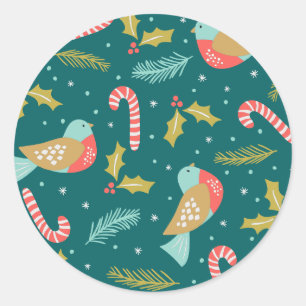 Candy Canes Holly Pine Boughds Birds Runder Aufkleber
