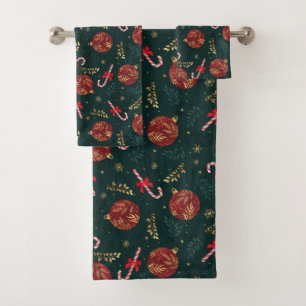 Candy Canes Snowflakes Red Christmas Balls Green Badhandtuch Set