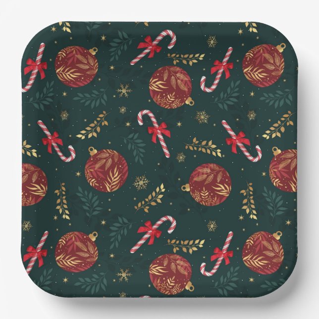 Candy Canes Snowflakes Red Christmas Balls Green Pappteller (Vorderseite)