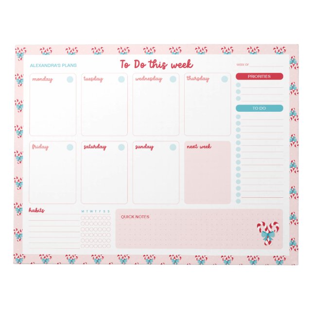 Candy Canes und Bows wöchentlich zu erstellen, Pla Notizblock (Vorderseite)